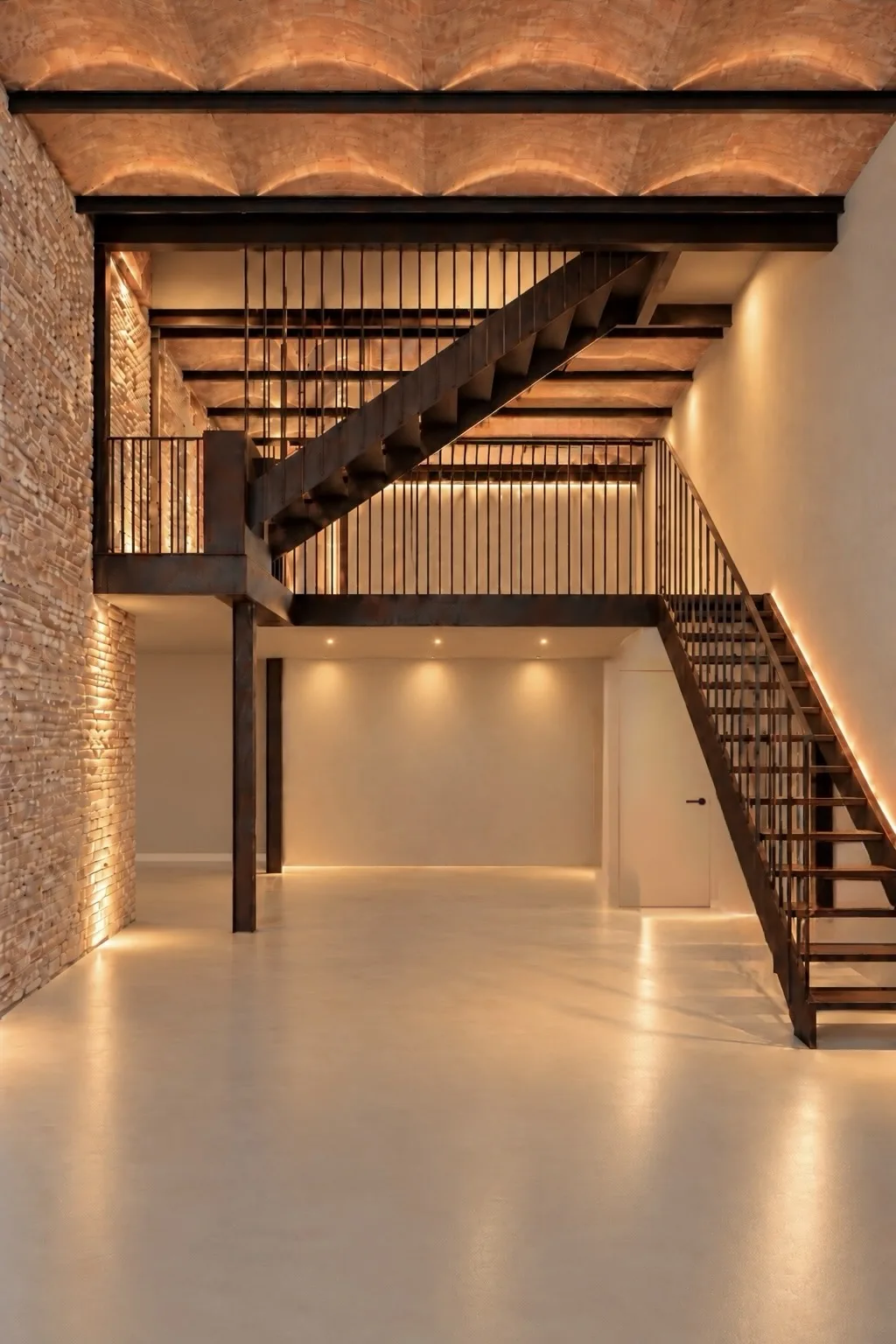 Doble altura con escalera de acero y madera, render